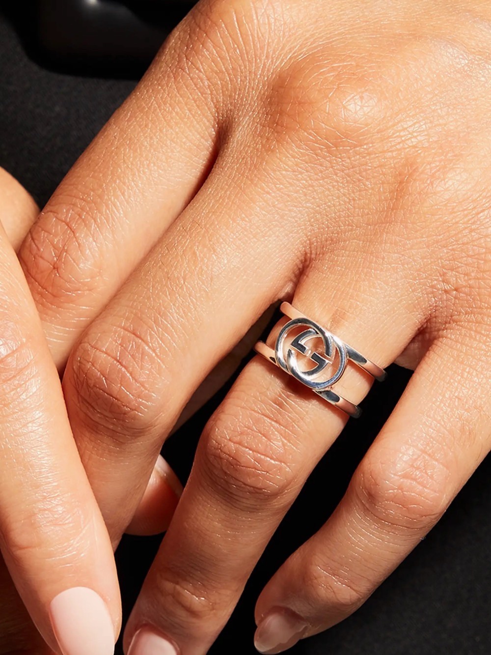 Gucci Polished Silver Double-Band Interlocking G Ring
